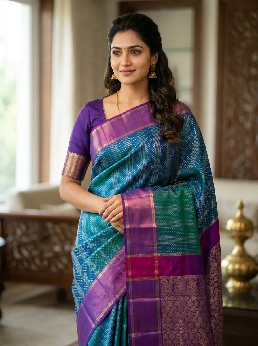 Kanchipuram Silk Blend Saree with Contrast Zari Border and Micro-Checked Pattern