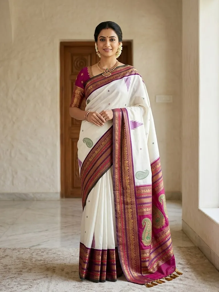 Pearl White Temple Border Kanchipuram Silk Saree