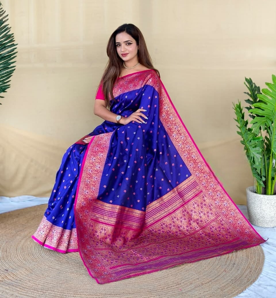 Royal Blue with Rani Pink Soft Silk Saree with Zari Woven Border