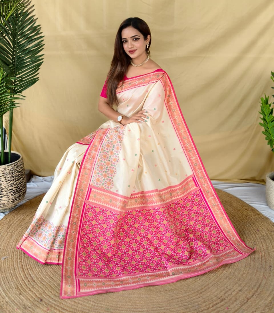 Ivory with Rani Pink Soft Silk Saree