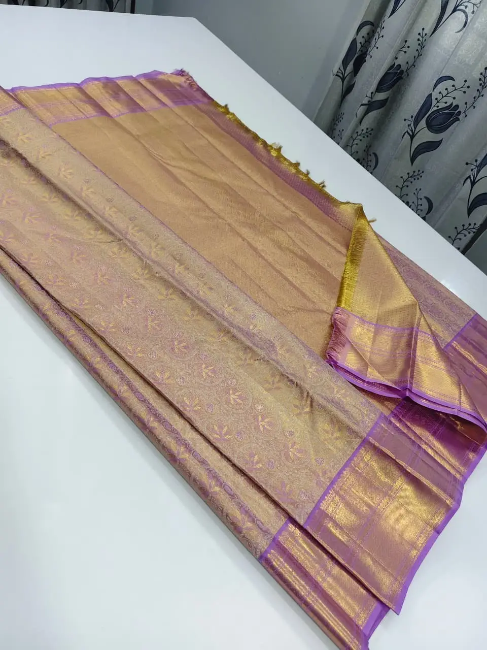 Golden Beige Kanchipuram Silk Saree – Gold & Lavender Purple