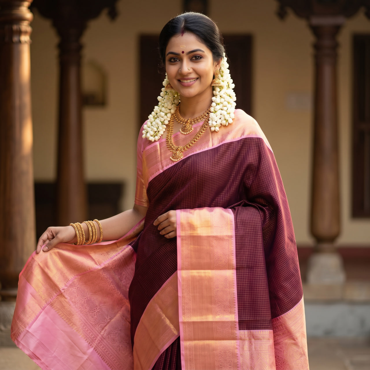 Kanchipuram Pure Handloom Korvai Silk Saree - Deep Maroon