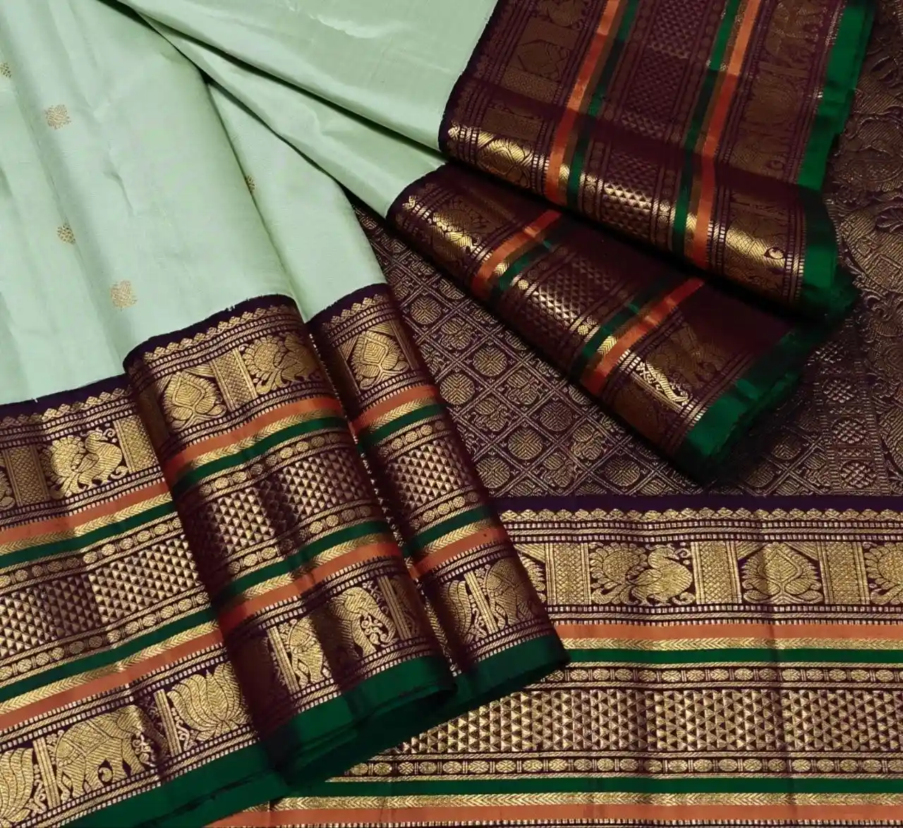 Mint Ivory Heritage Temple Border Saree