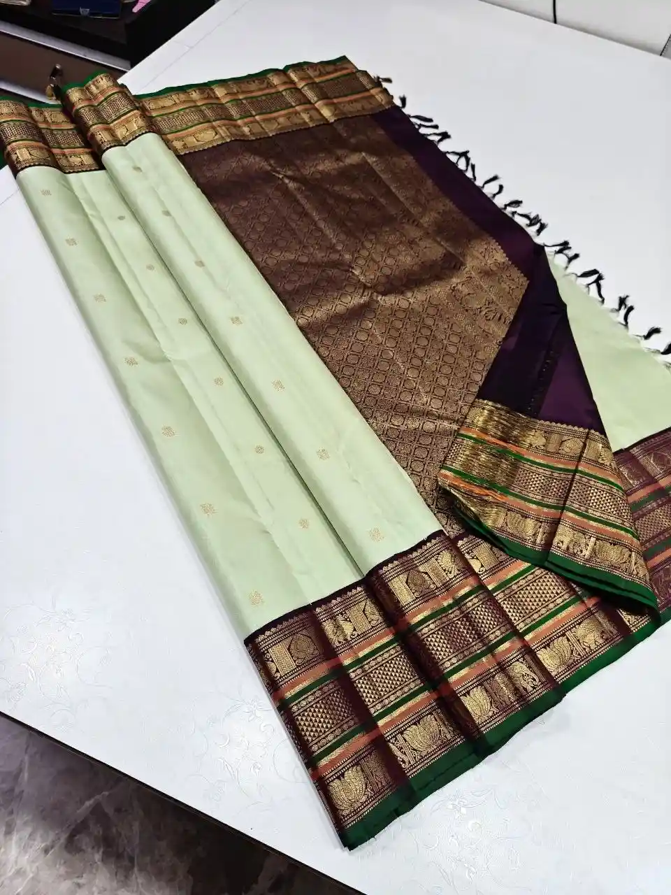 Mint Ivory Heritage Temple Border Saree