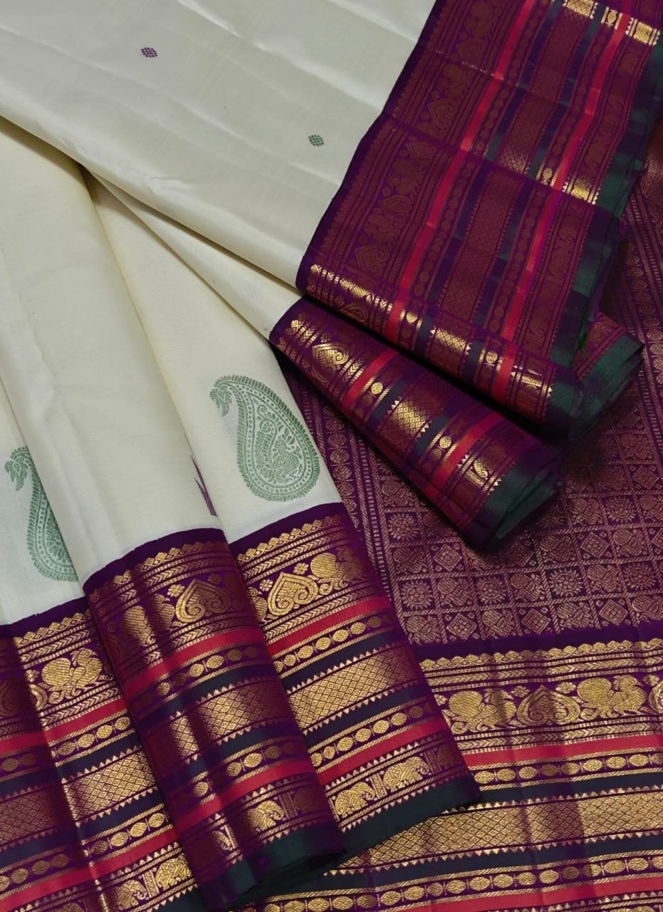 Pearl White Temple Border Kanchipuram Silk Saree