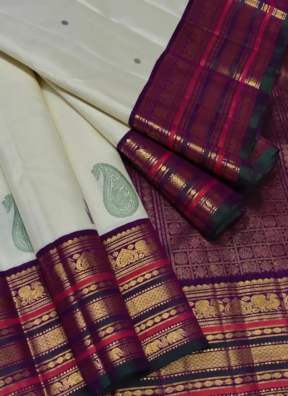 Pearl White Temple Border Kanchipuram Silk Saree