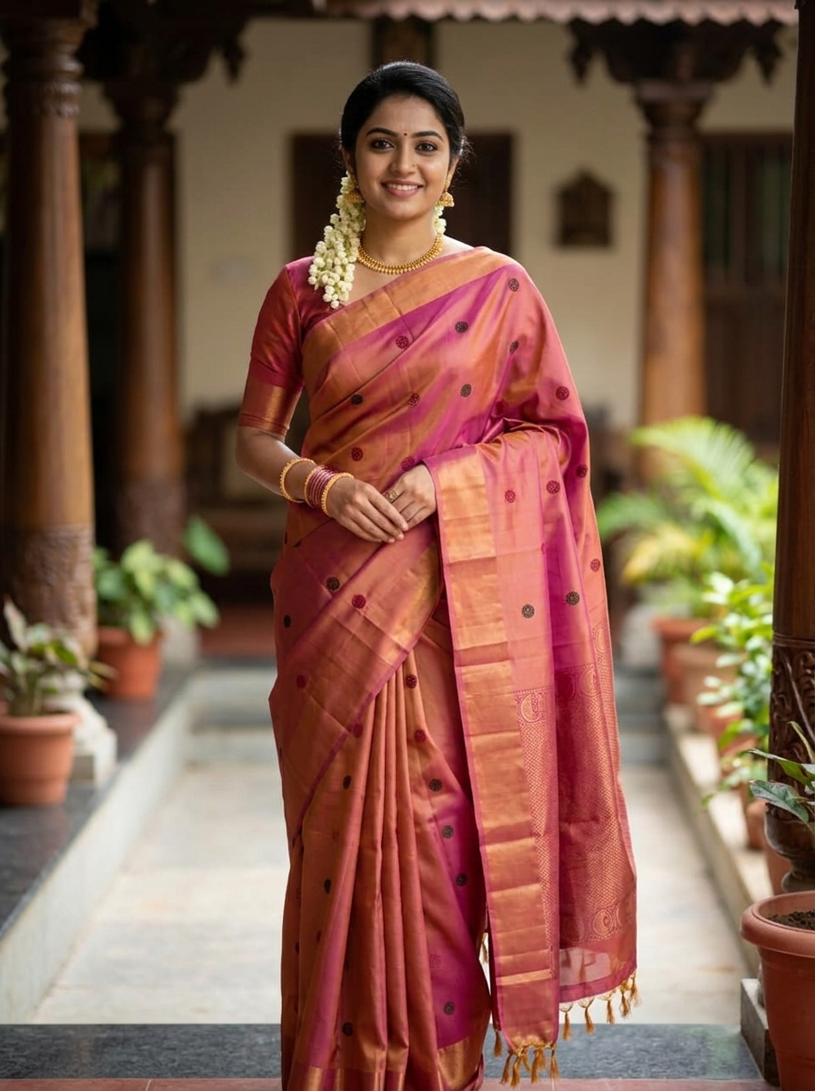 Peach Pink Silk Saree with Gold Zari Border