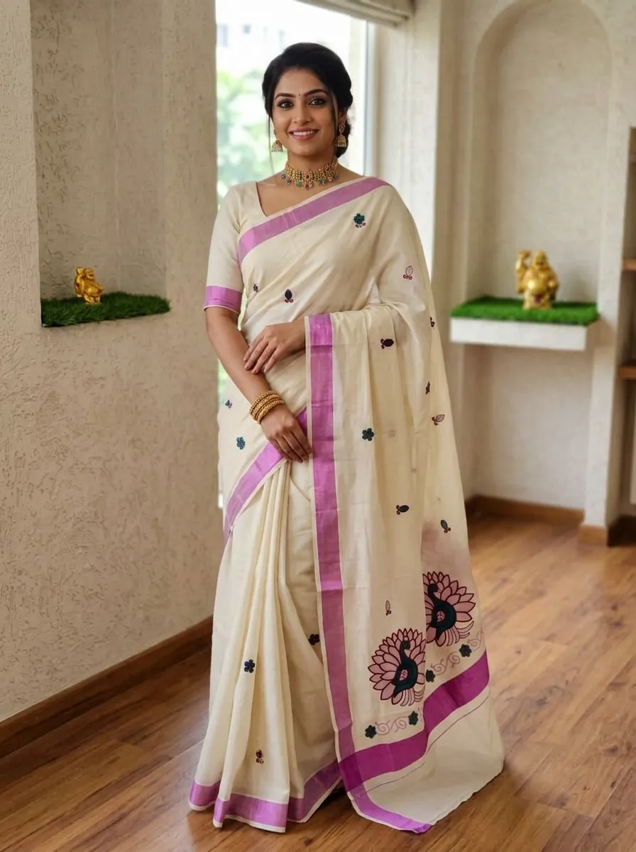 Floral Vine Printed Cotton Saree – Off White & Pink