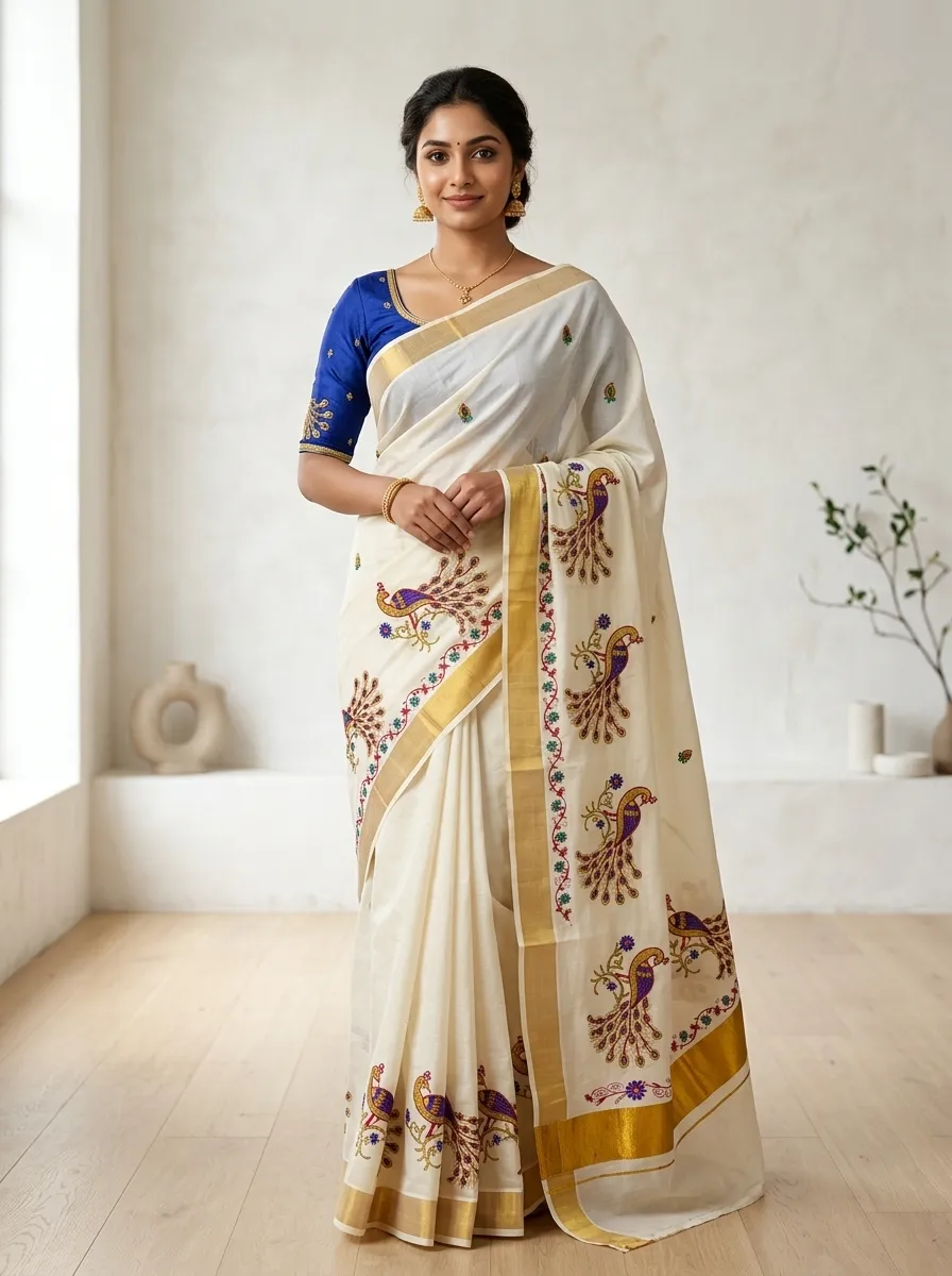Classic Handloom Cotton Saree – Cream & Blue