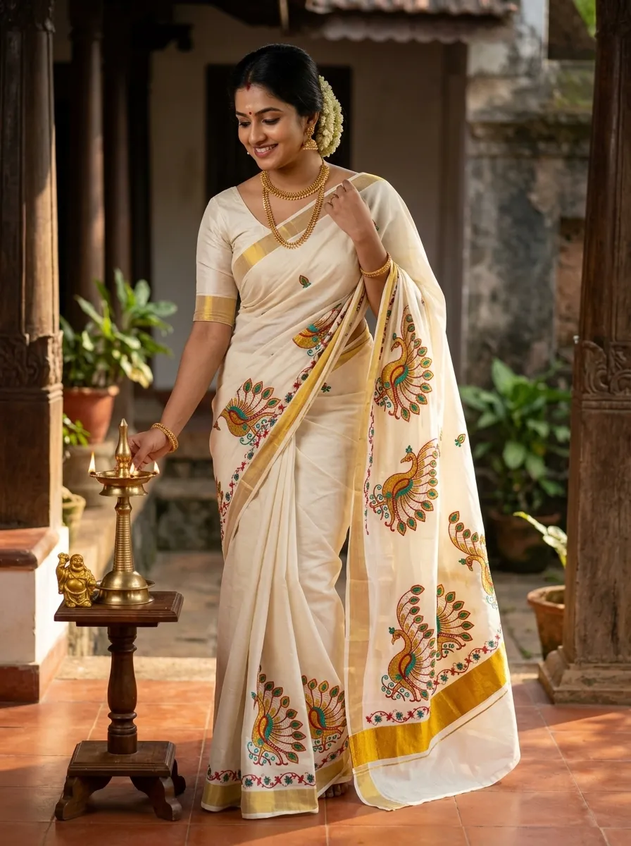 Classic Kalamkari Style Saree – Beige & Mustard Yellow