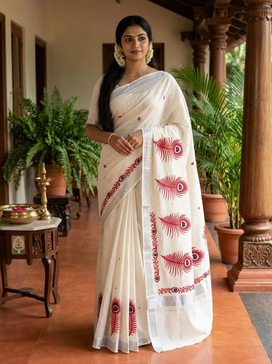 Designer Floral Border Saree – Off White & Red