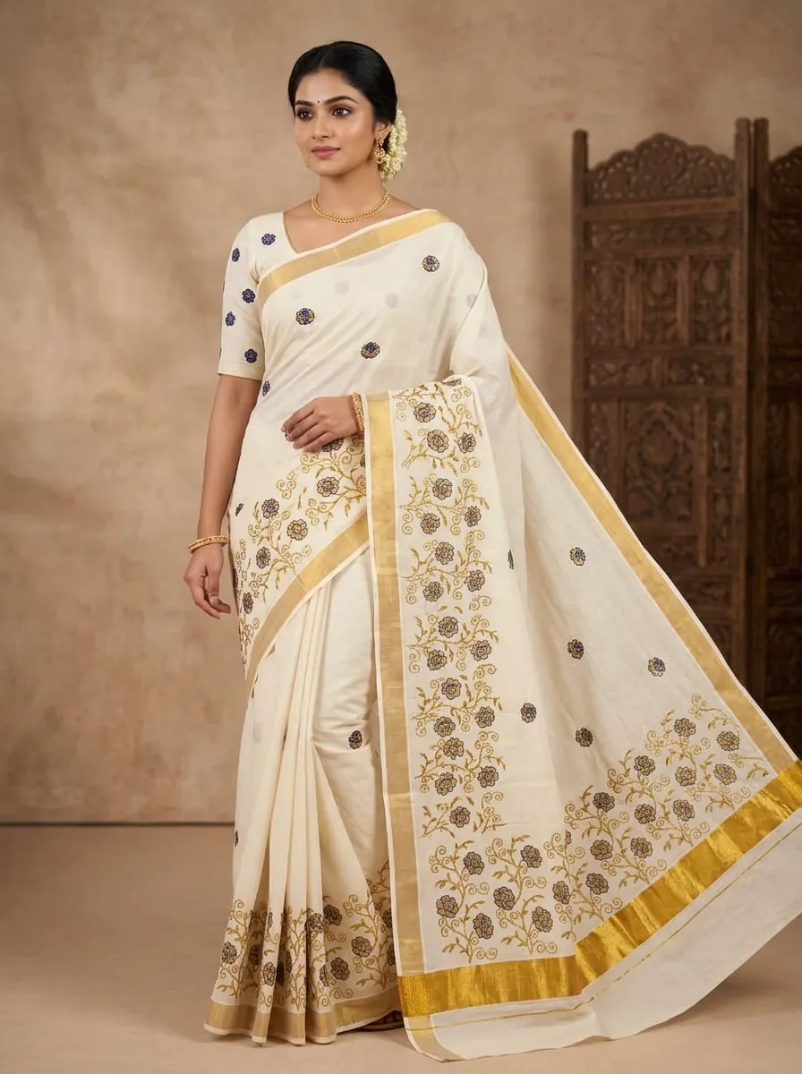 Temple Border Cotton Saree – Cream & Gold