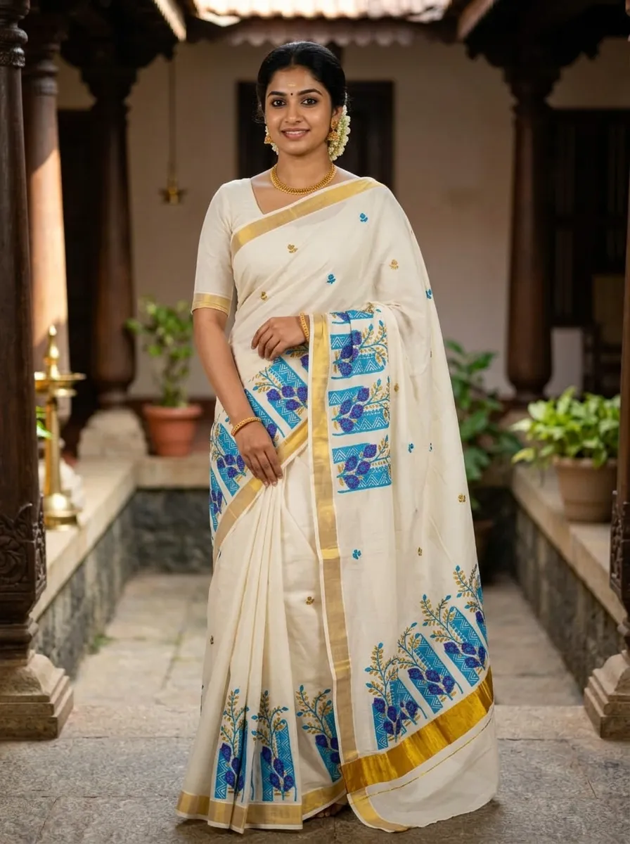 Artistic Printed Cotton Saree – Ivory & Blue