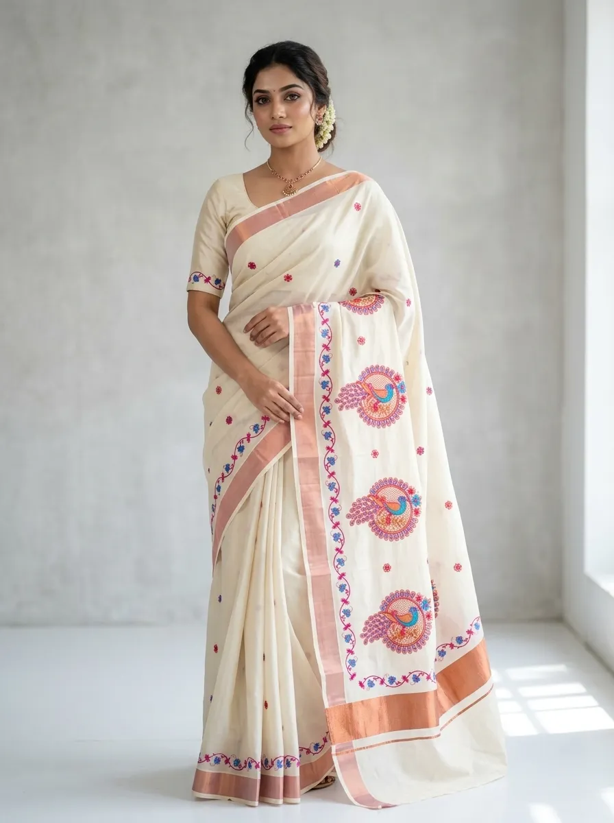 Minimal Floral Printed Saree – Off White & Peach