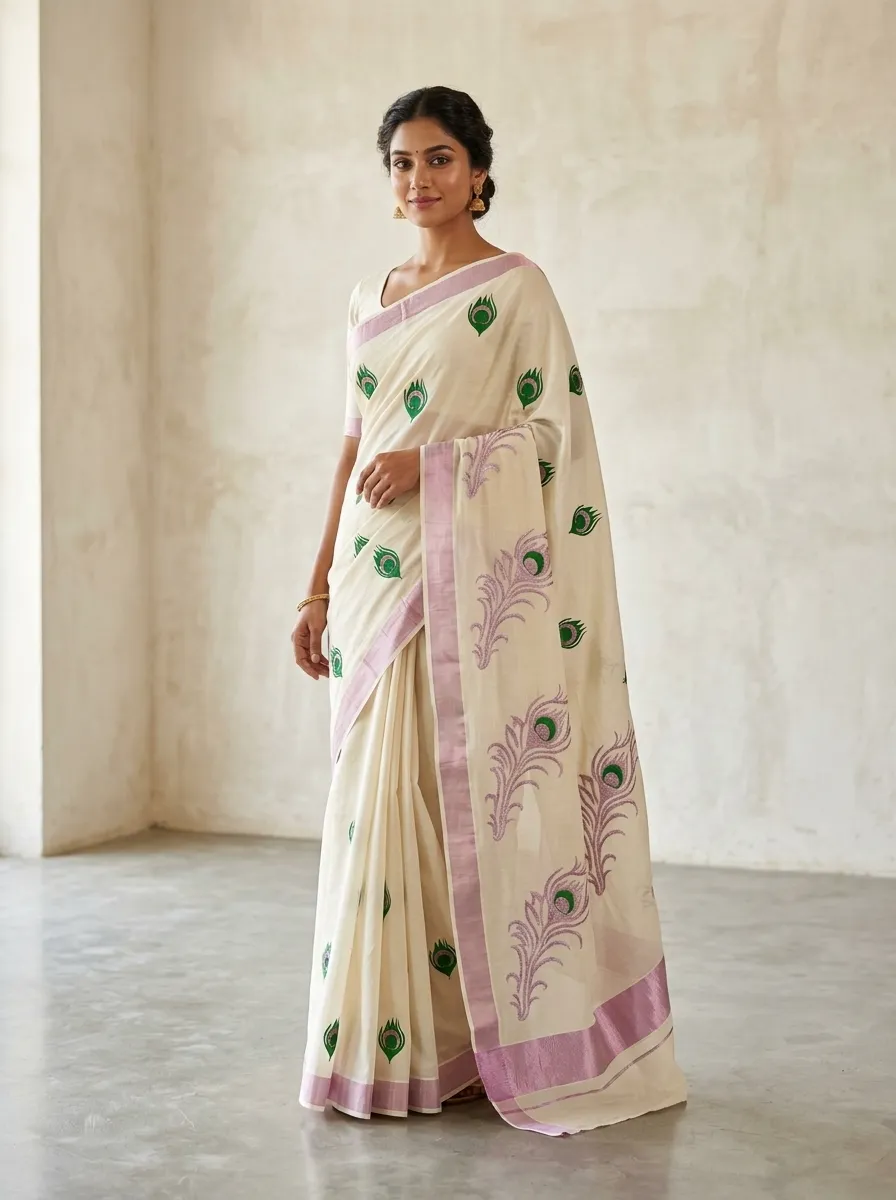 Soft Printed Cotton Saree – Off White & Lavender