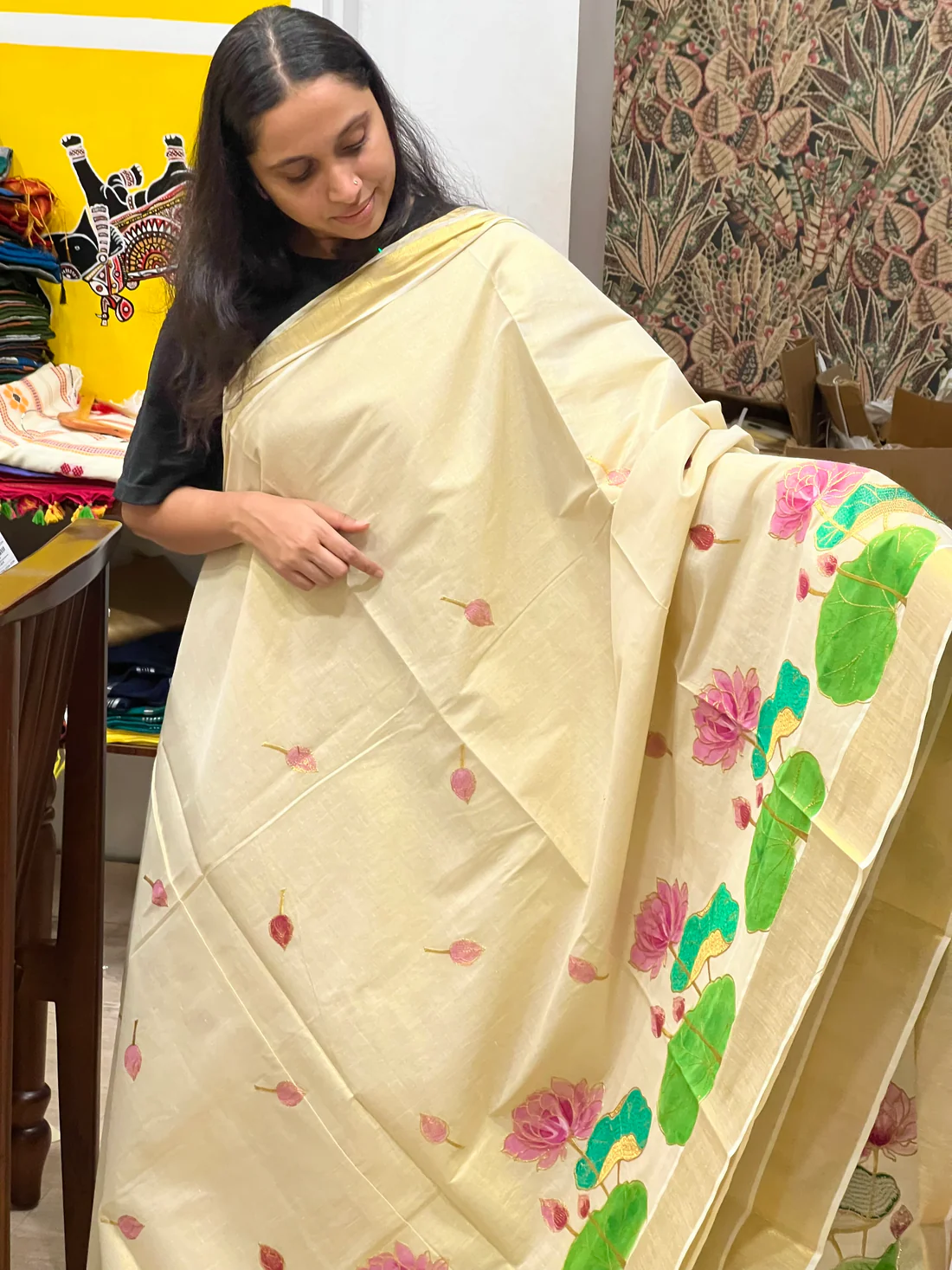 Southloom Tissue Kerala Kasavu Saree with Hand Painted Embroidery Lotus Design SL289