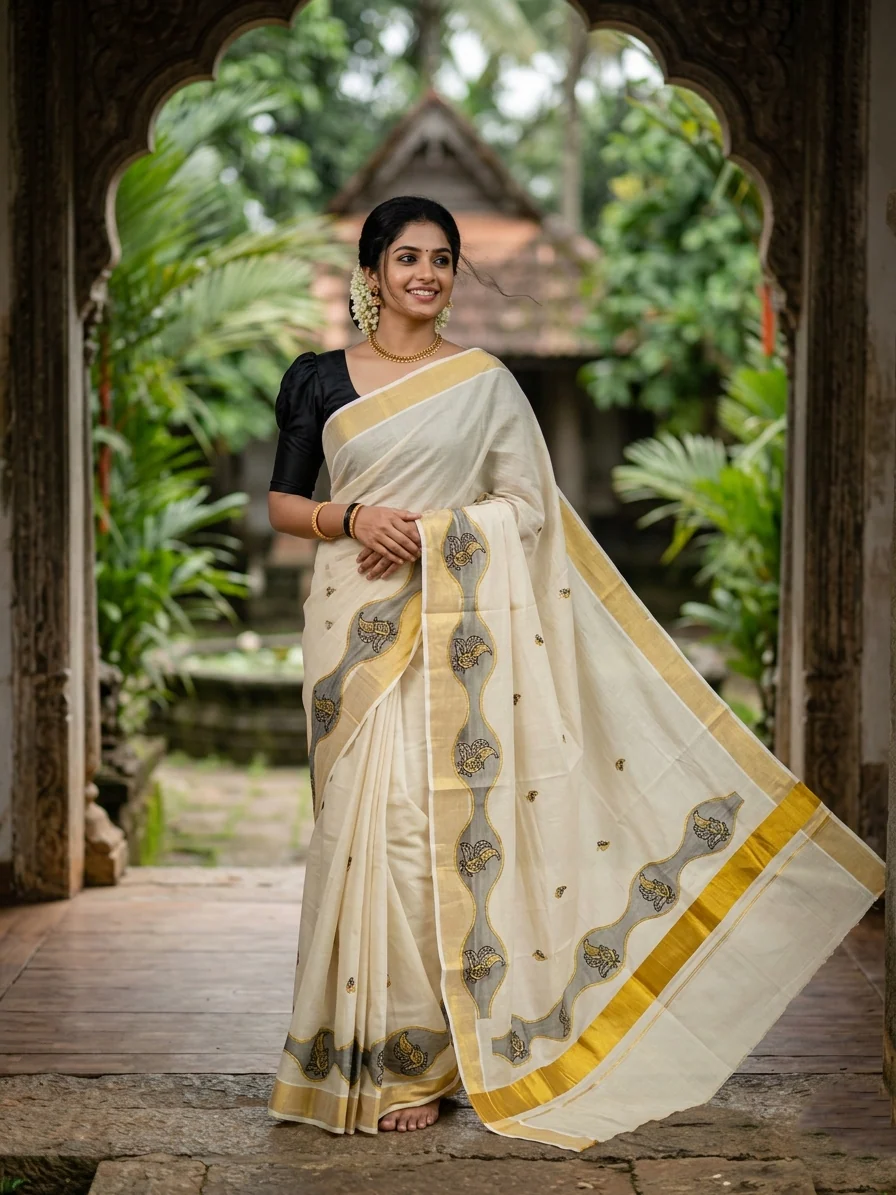 Southloom Tissue Kerala Kasavu Saree with Embroidery Design