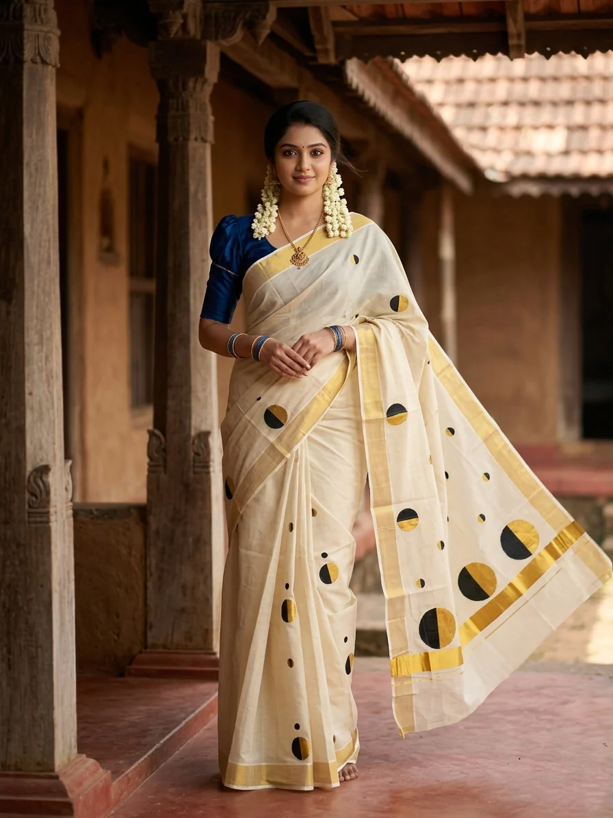 Southloom Kerala Tissue Kasavu Saree With Black Polka Dots Embroidery on Body
