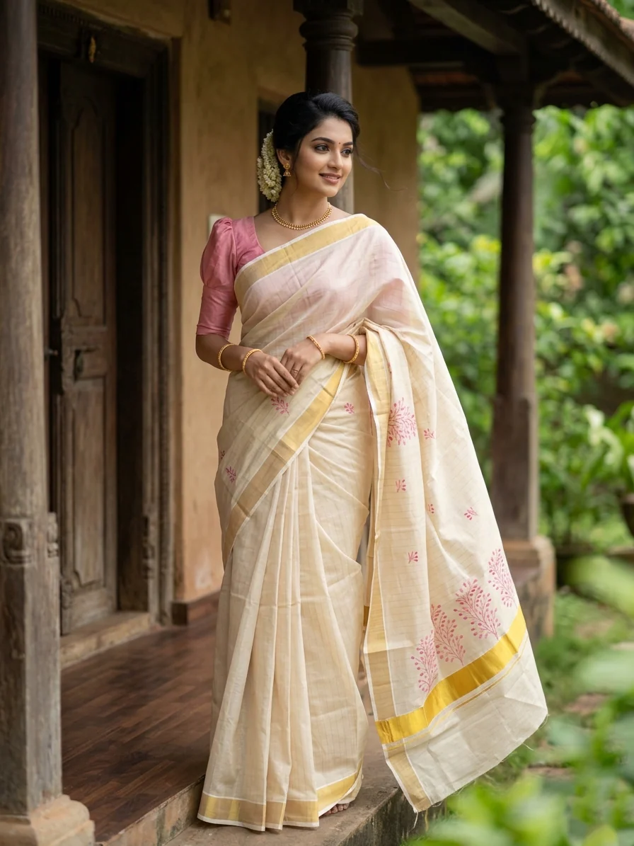 Southloom Tissue Kerala Kasavu Saree with Floral Embroidery Design