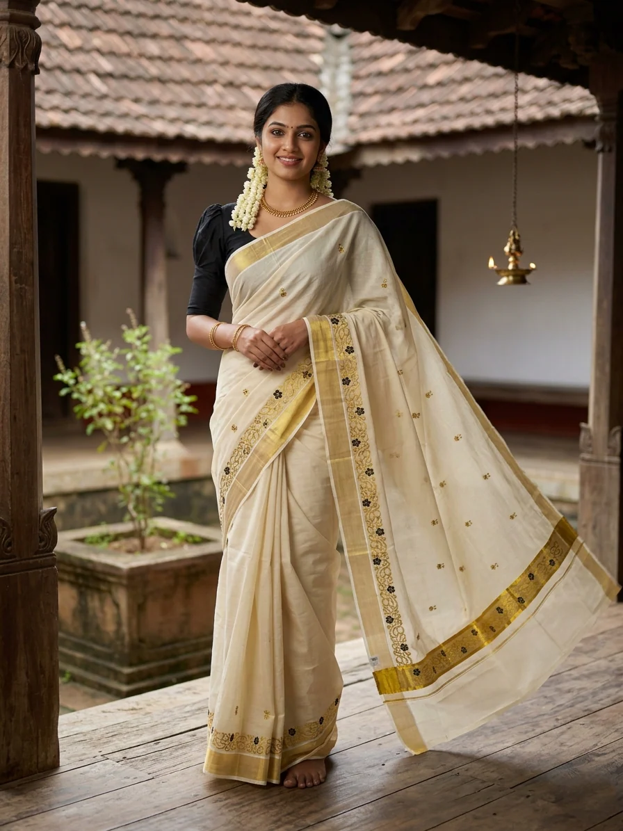 Southloom Kerala Tissue Kasavu Saree with Golden and Black Embroidery Work on Body