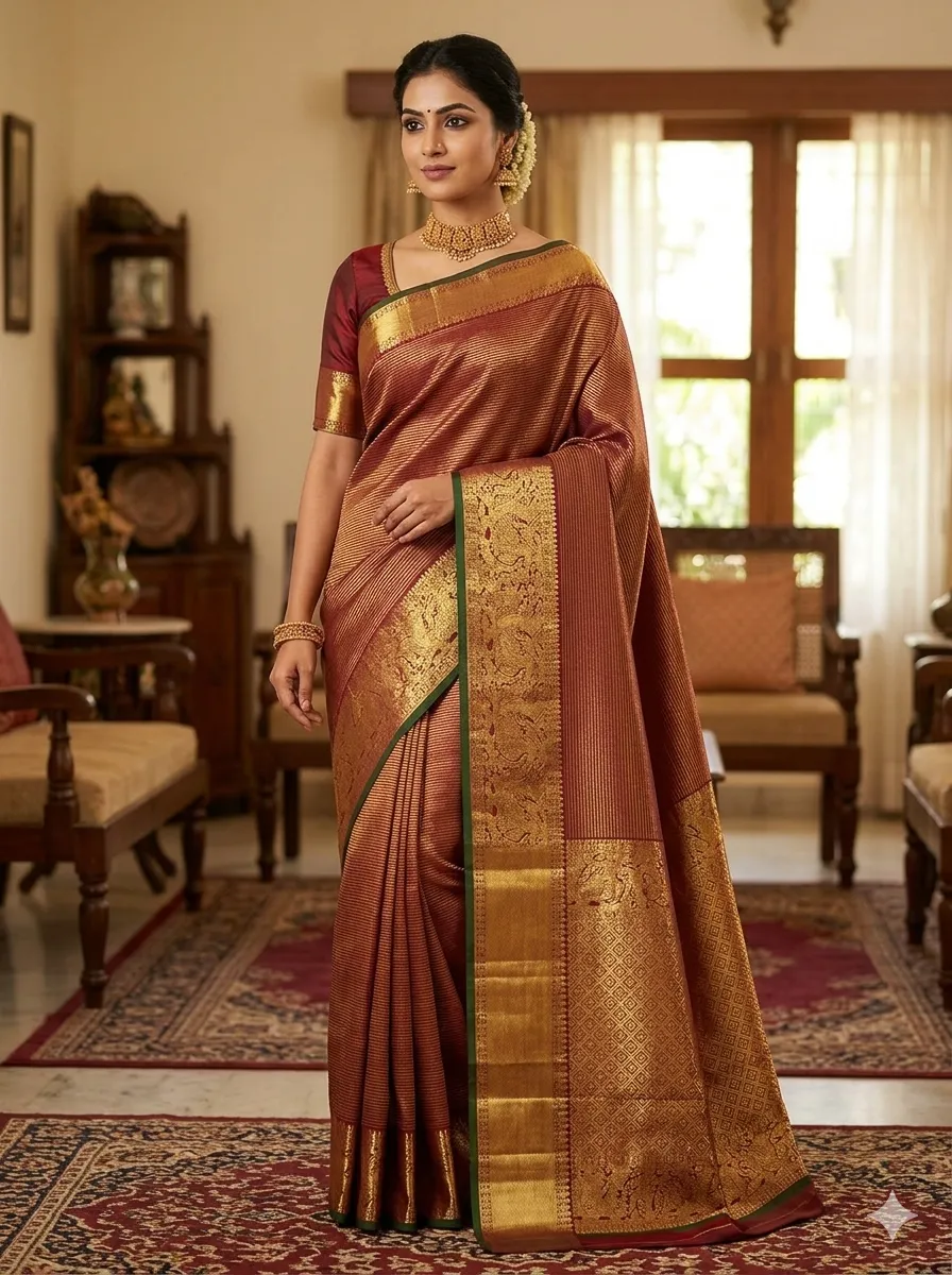 Rust Brown with Gold Zari Silk Saree