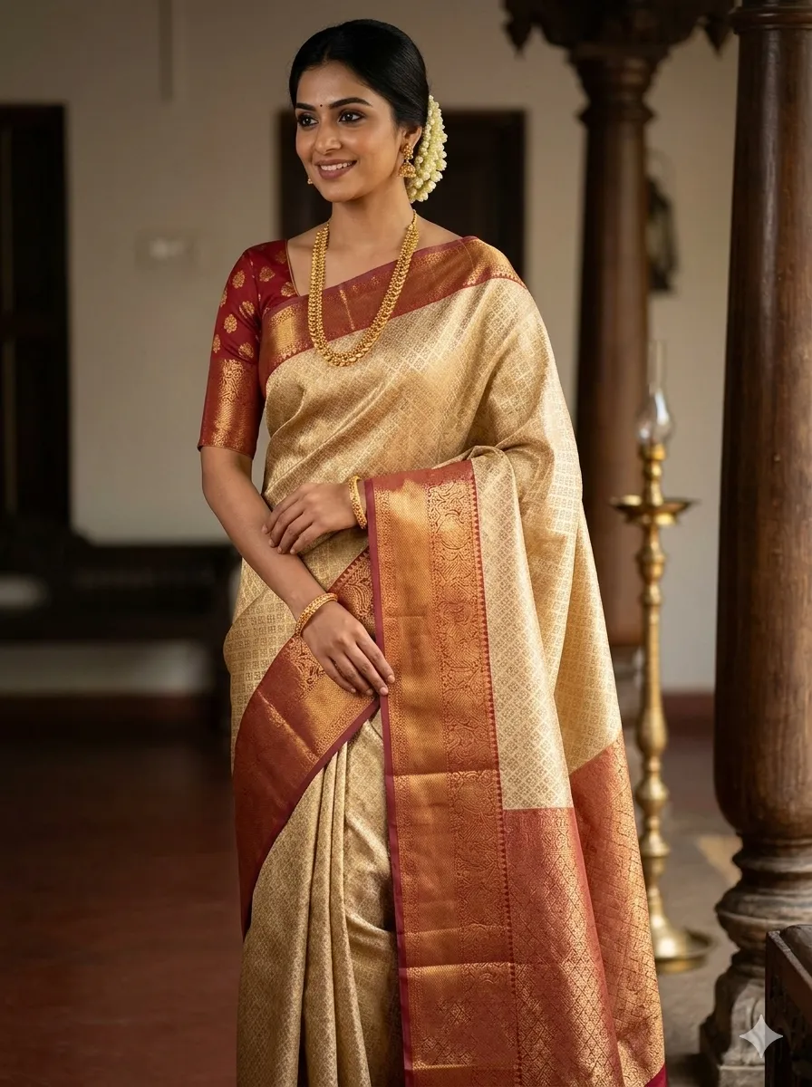 Cream Gold with Maroon and Gold Zari Border Silk Saree