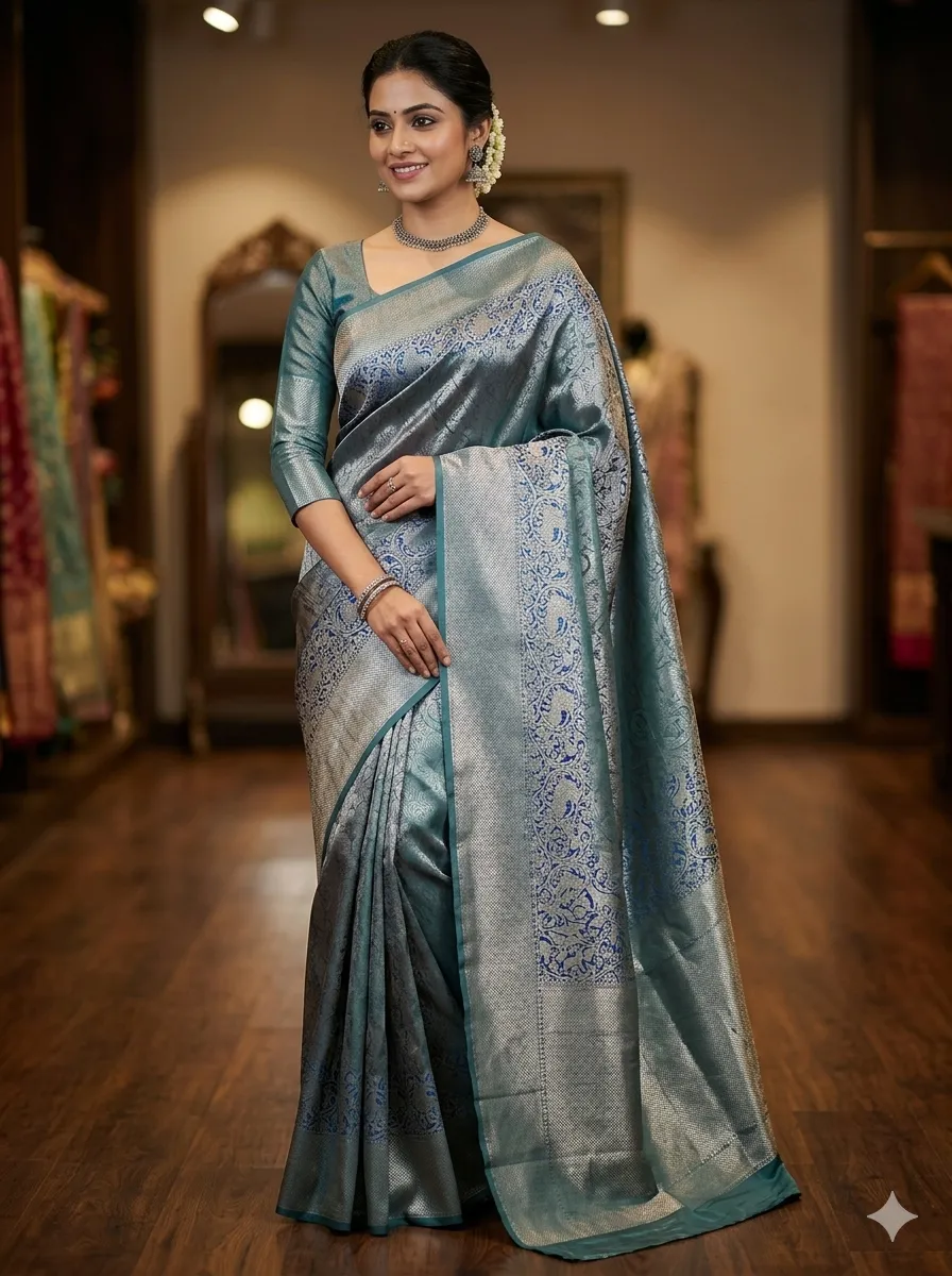 Teal Blue with Silver Zari and Subtle Grey Tones Silk Saree
