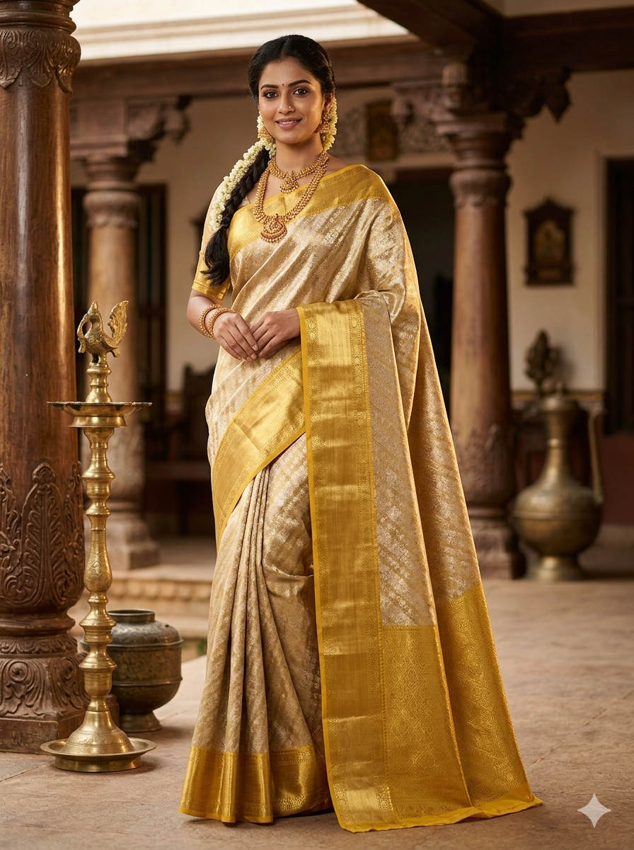 Cream Gold with Mustard Yellow-Gold Zari Border Silk Saree