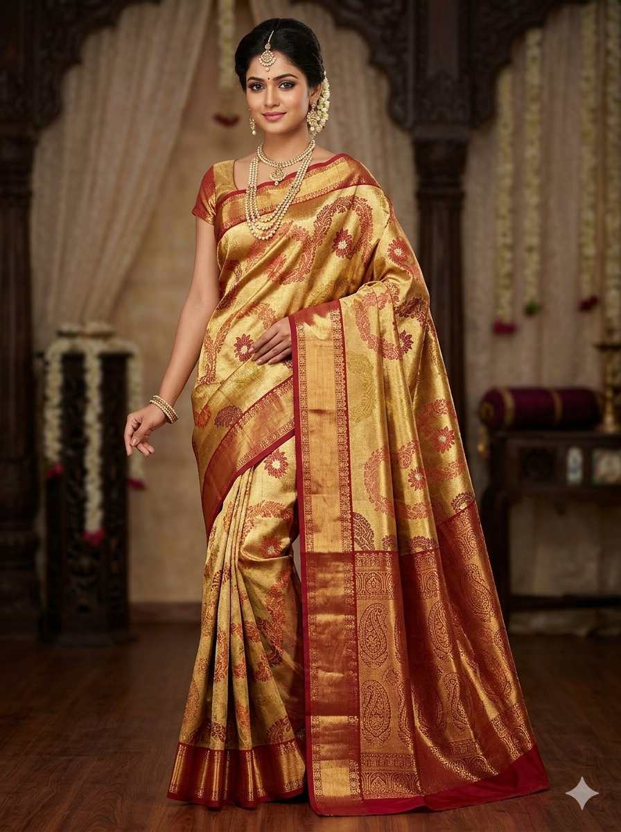 Rich Gold with Maroon and Gold Zari Accents Silk Saree