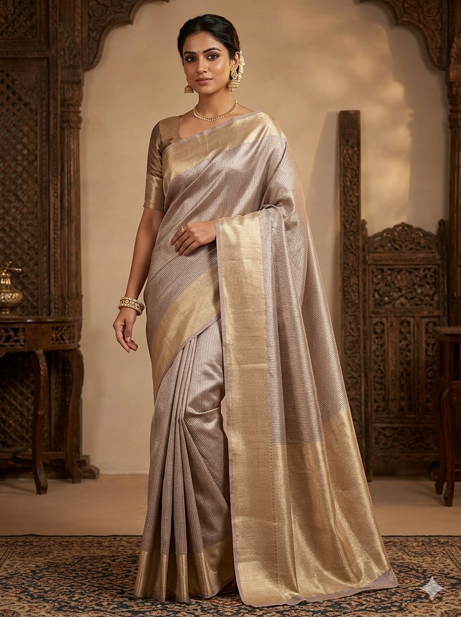 Silver Grey with Gold Zari Border Silk Saree