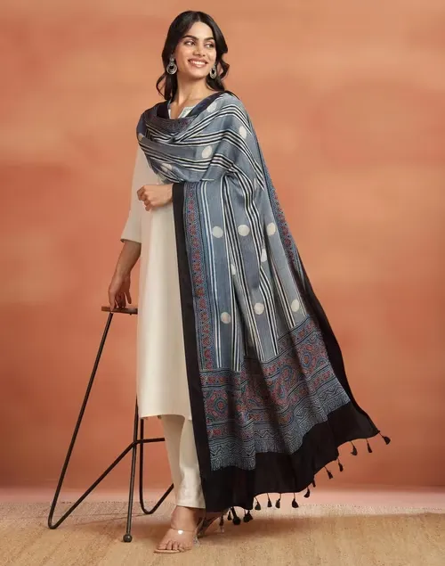 Blue Viscose Blend Ajrakh Printed Dupatta