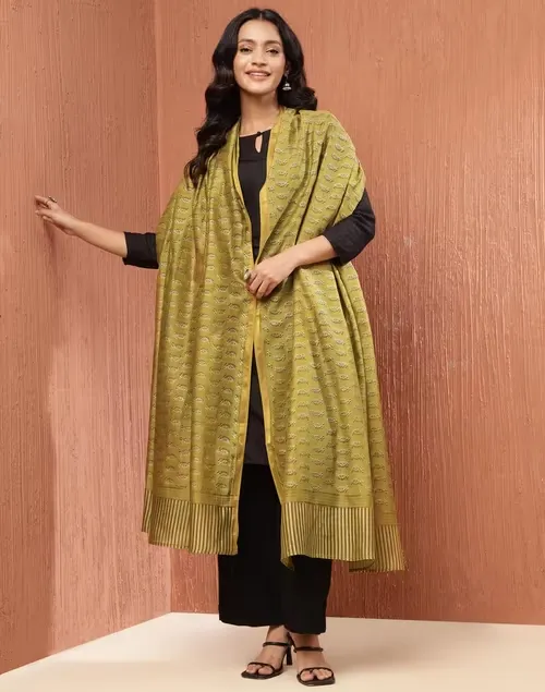 Green Cotton Silk Blend Hand Block Printed