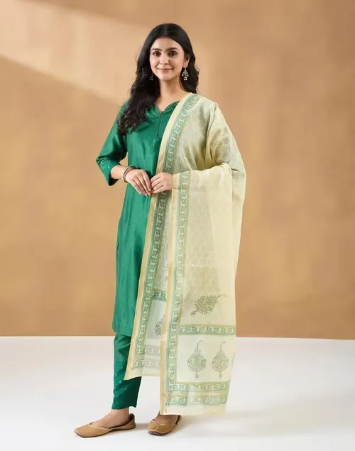 Green Cotton Silk Blend Hand Block Printed Dupatta