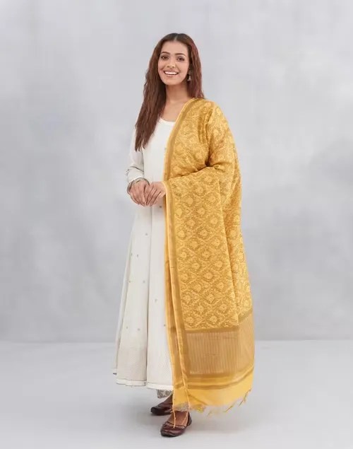 Mustard Cotton Silk Blend Hand Block Printed Dupatta
