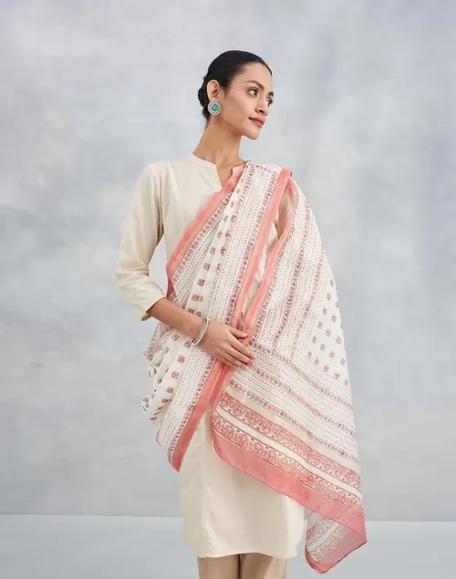 Natural Cotton Silk Blend Hand Block Printed Dupatta White