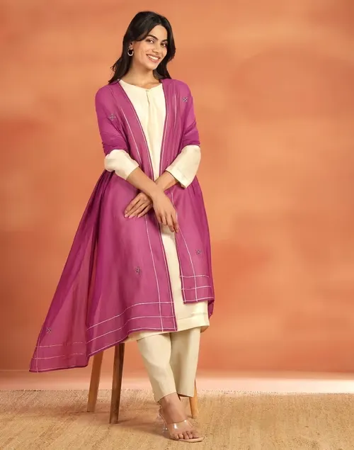 Purple Cotton Silk Embroidered Dupatta