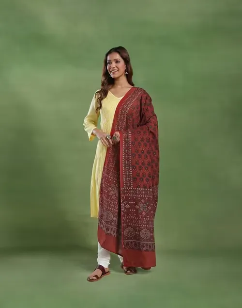 Red Cotton Ajrakh Printed Dupatta