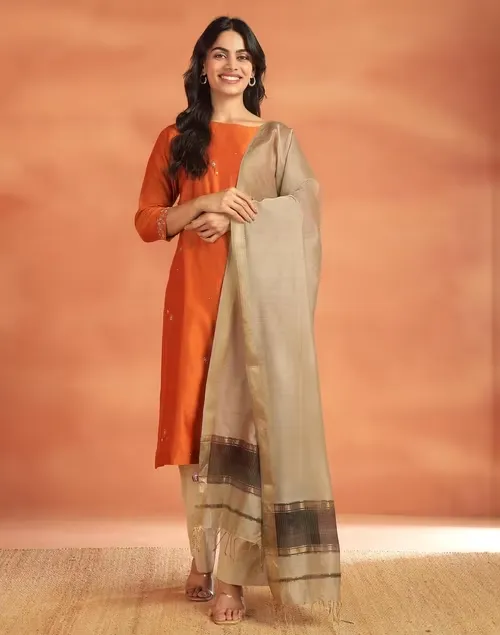 Beige Cotton Silk Blend Maheshwari