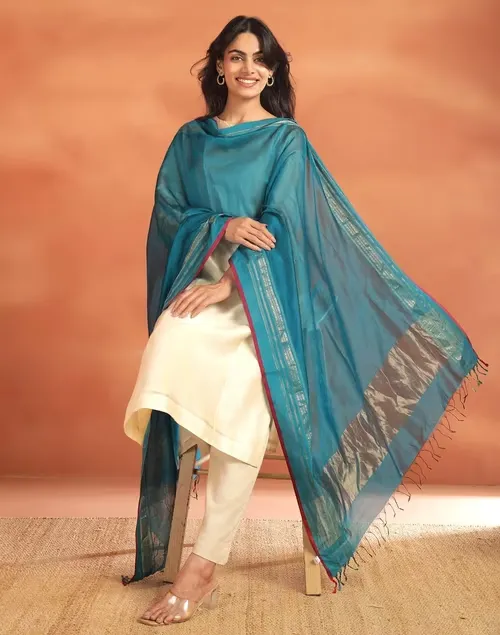 Turquoise Cotton Silk Blend Maheshwari