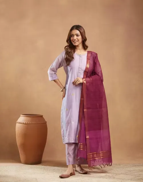 Wine Cotton Blend Hand Woven Dupatta