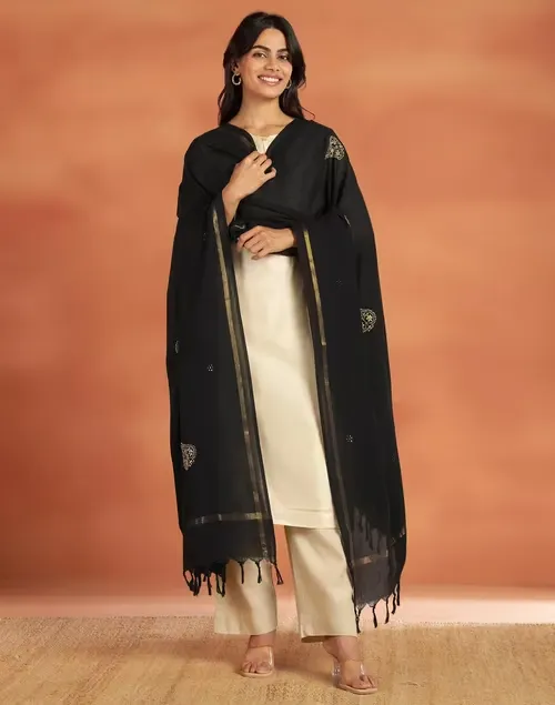 Black Cotton Blend Hand Embroidered