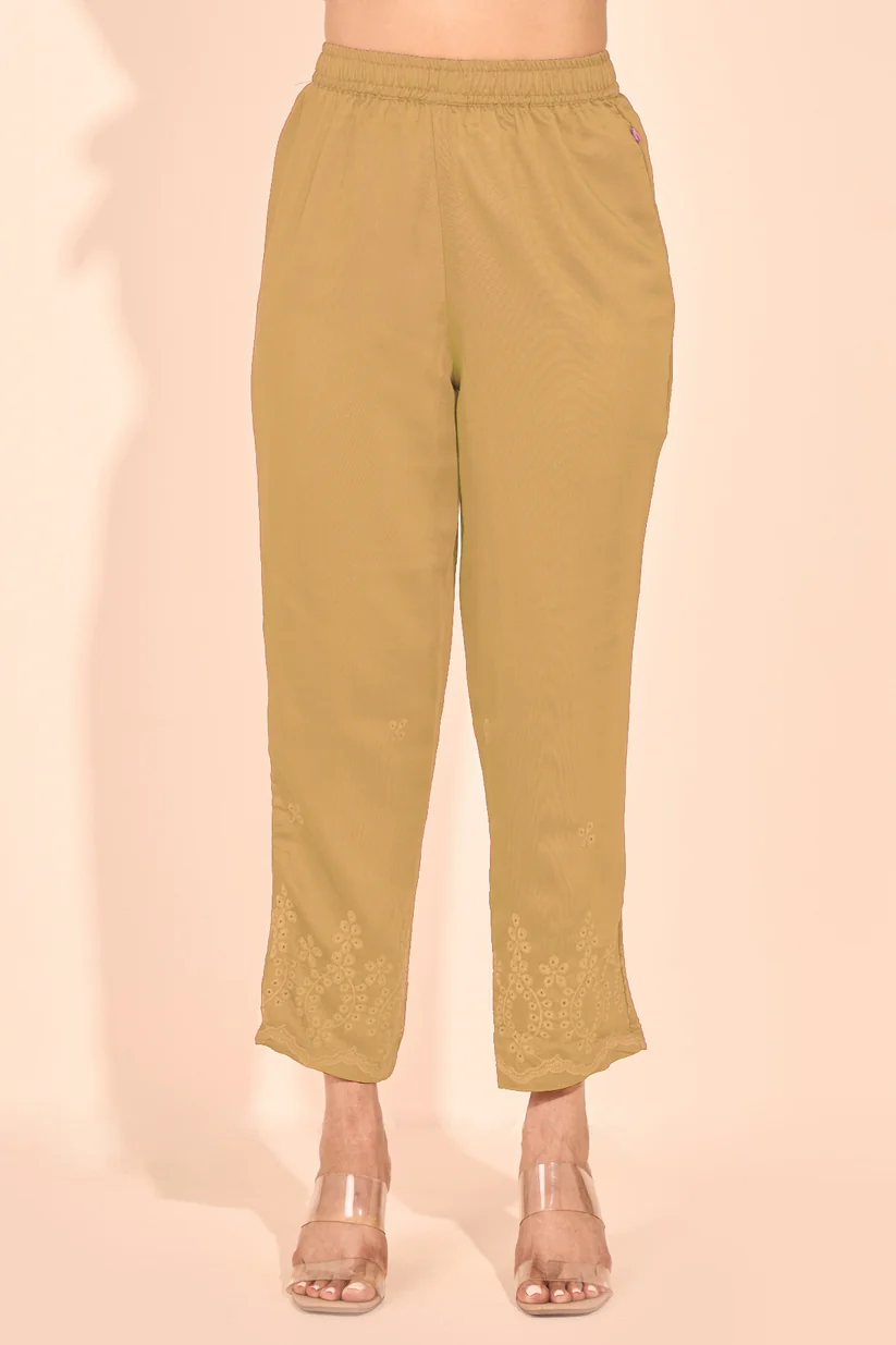 Solid Straight Pant with Floral Embroidered Hem - Beige