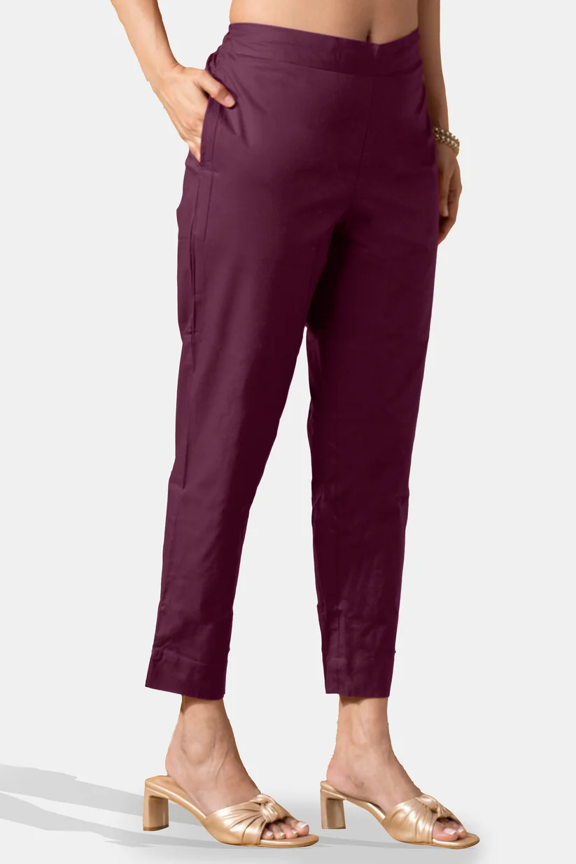 Dark Purple Solid Pure Cotton Straight Pant