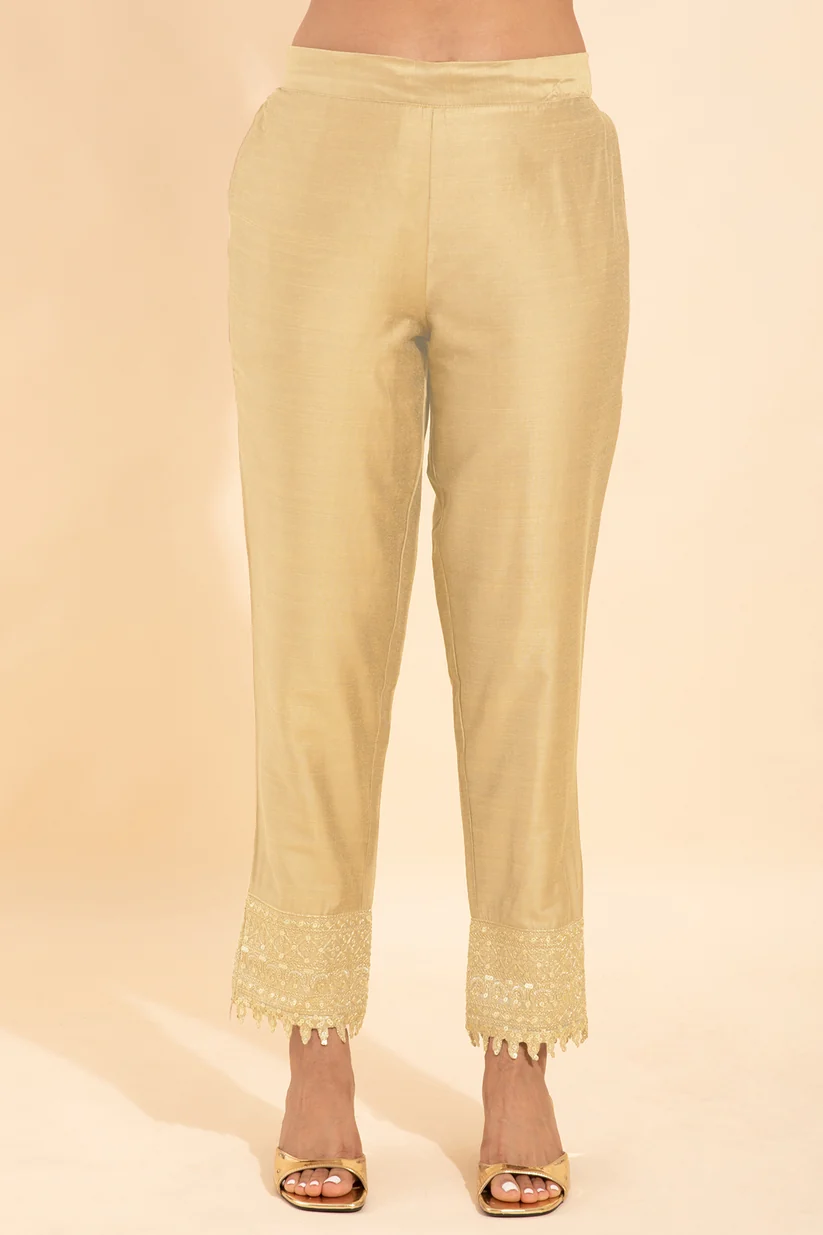 Solid Straight Pant With Sequin Embellished Hem - Beige