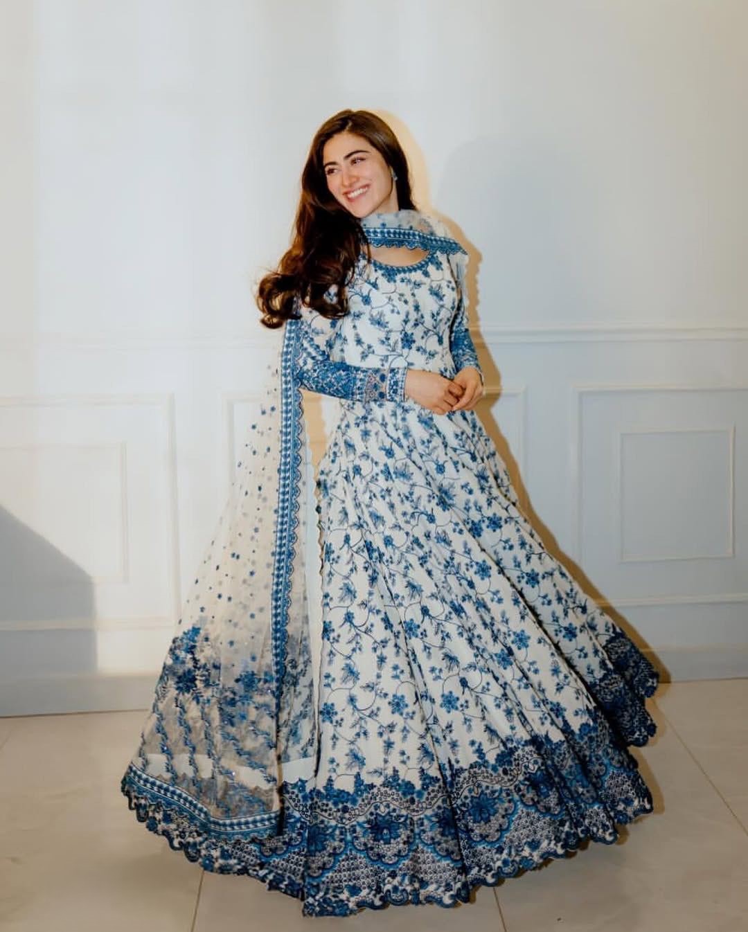 Georgette Blue Floral Anarkali Gown
