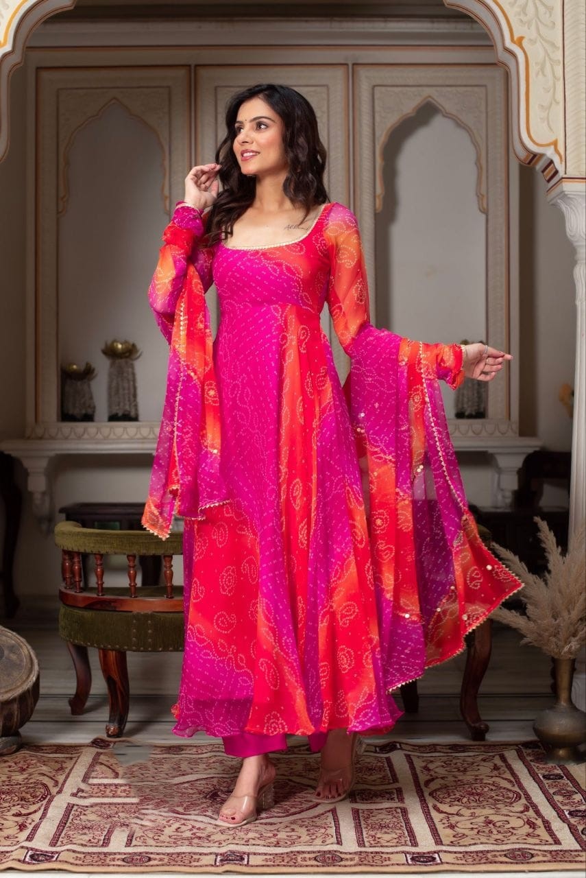 Vibrant Pink & Orange Bandhani Print Anarkali set