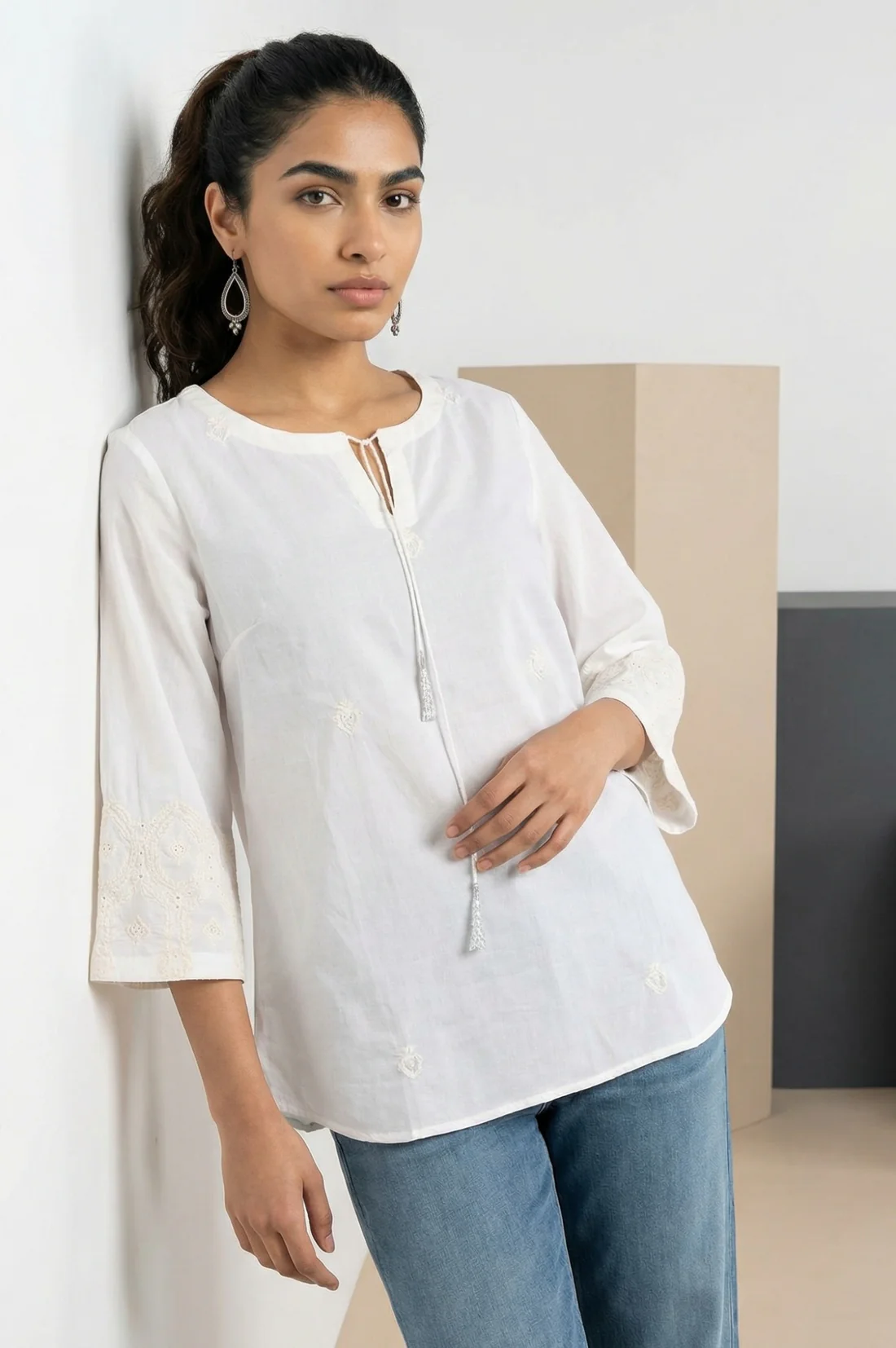 White Split Neck Casual top