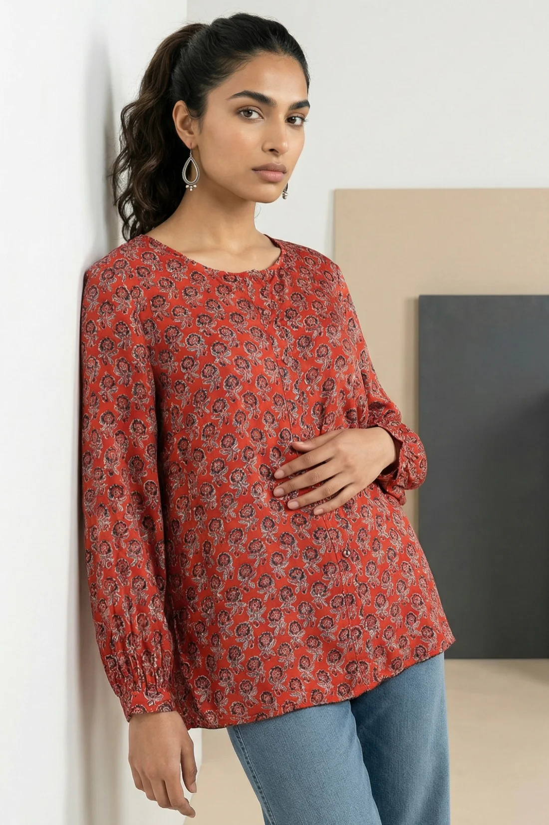 Floral Printed Regular Red Top