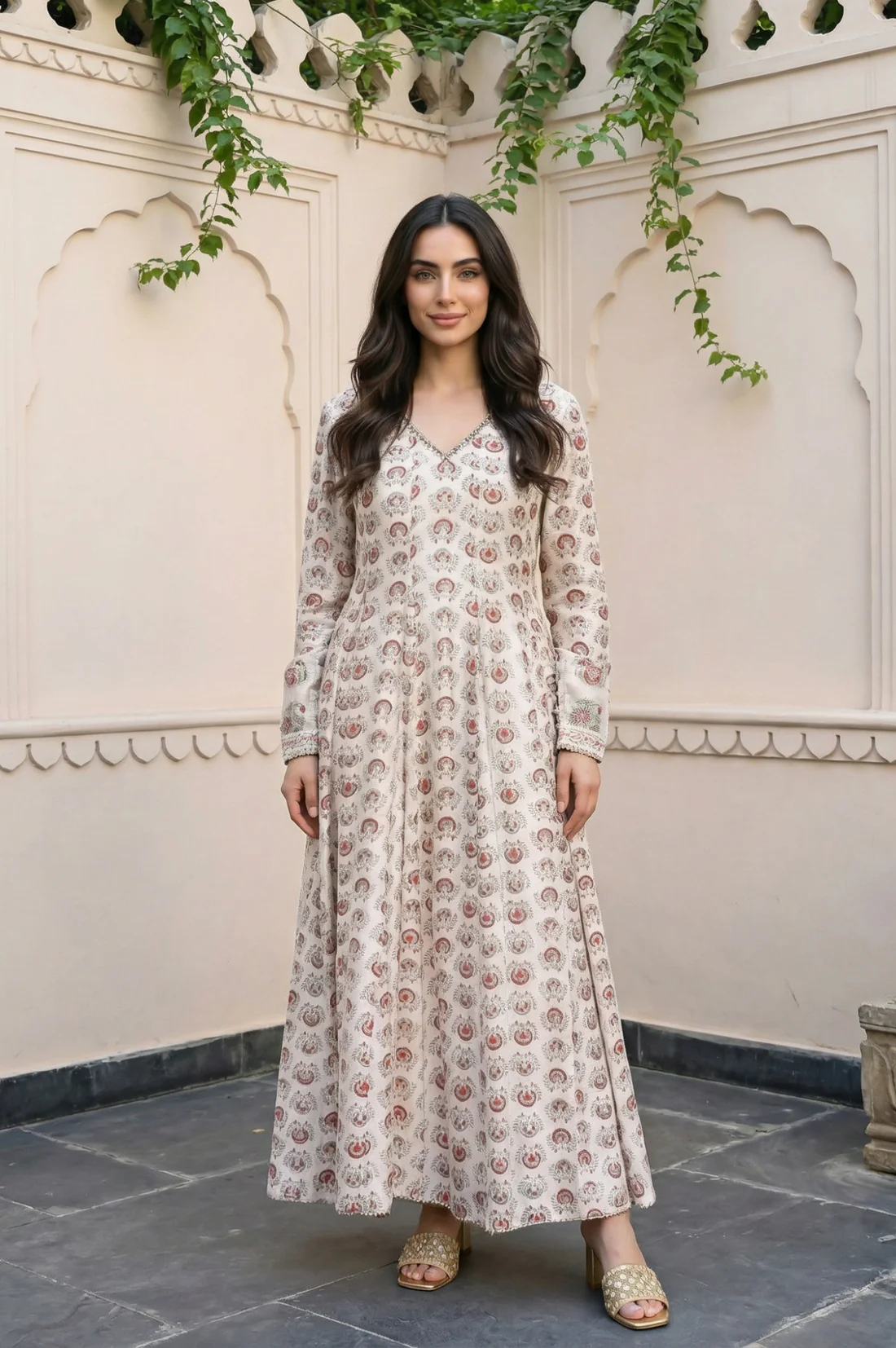 White Cotton Printed A-line Kurta set