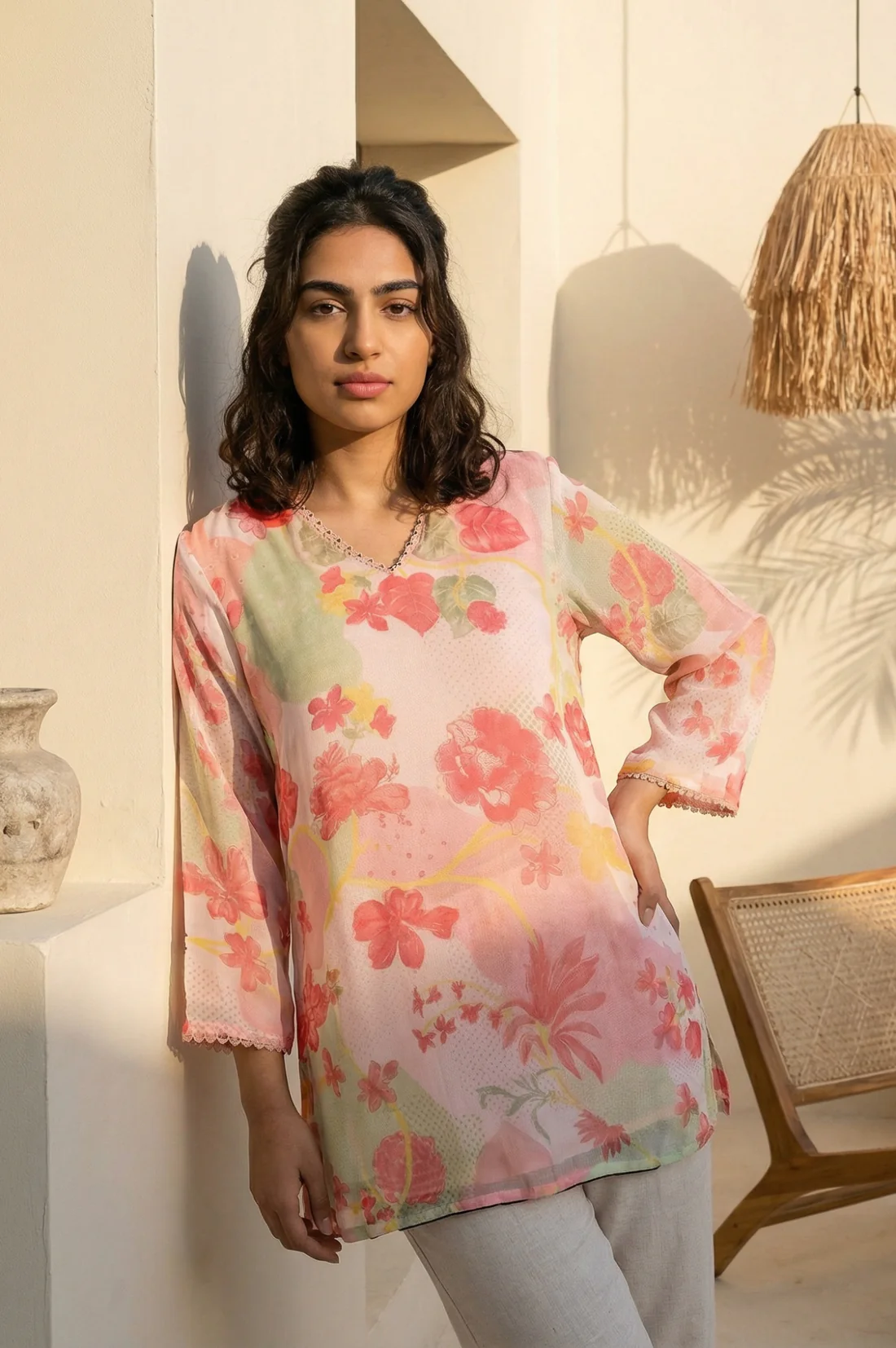 Peach Floral Printed Tops